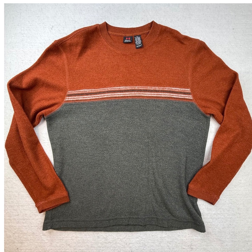 Emergency Exit Mens Crew Neck Sweater Orange Grey Striped Size‎ L Y2K 90s